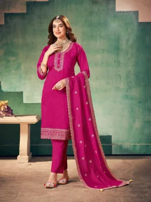 Appealing Roman Silk Coding Sequins Work Pink Colored Salwar Suits With Dupatta For Women