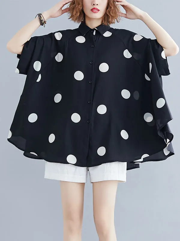 Batwing Sleeves Loose Polka-Dot Lapel Blouses&Shirts Tops