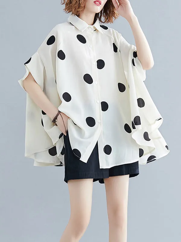 Batwing Sleeves Loose Polka-Dot Lapel Blouses&Shirts Tops