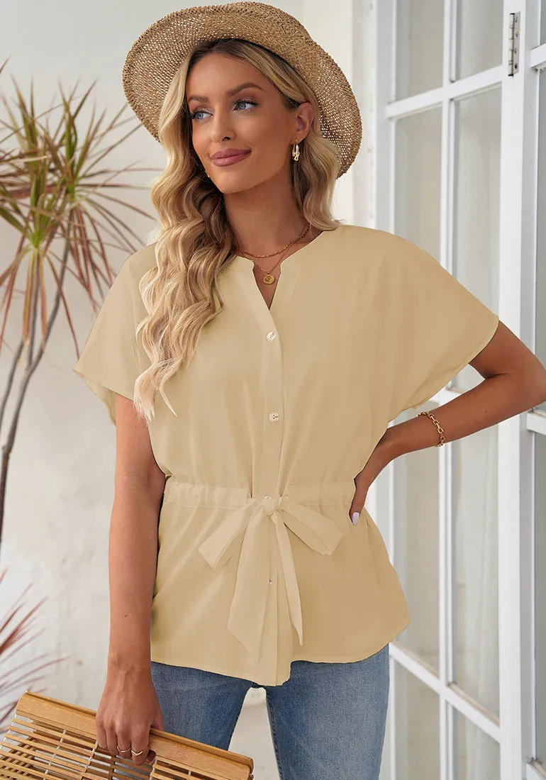 Beige Women's Short Sleeve Office Blouse Button-Down Shirts