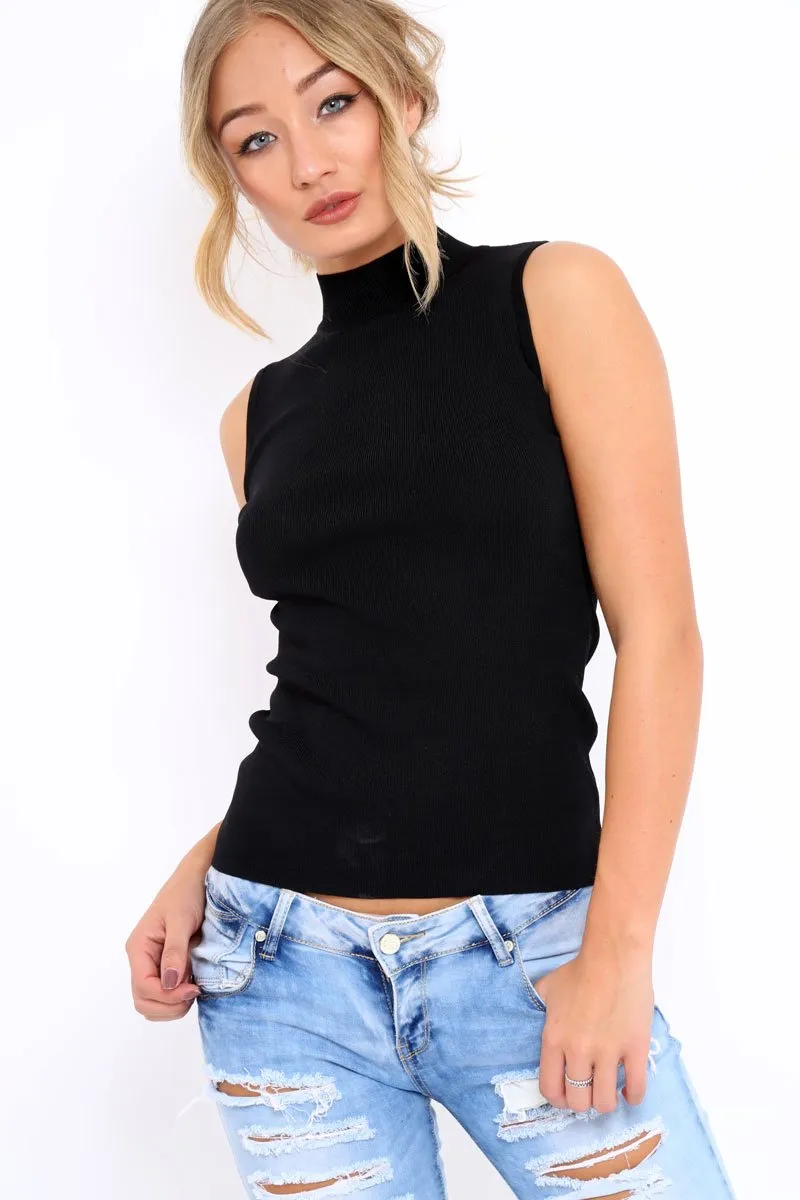 Black High Neck Ribbed Top - Cicely