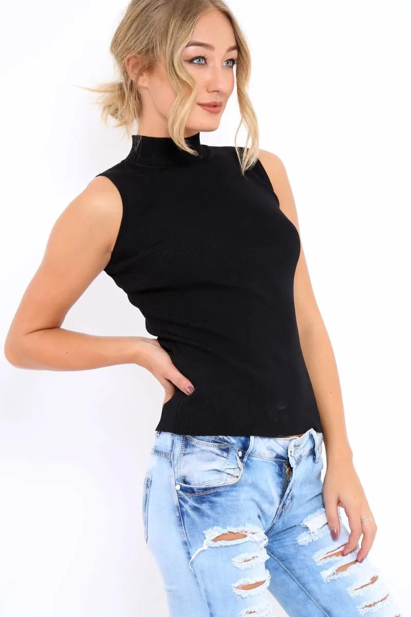 Black High Neck Ribbed Top - Cicely