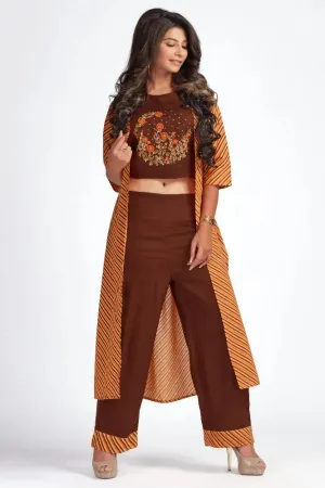 Brown Colored Embroidered Crop Top And Palazzo Pant With Long Striped Shrug