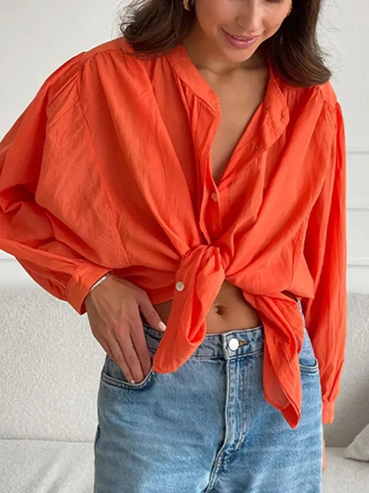 Cotton Bow Hollow V Neck Flare Streetwear Blouse