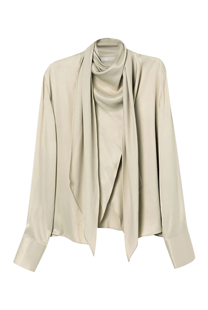 Draped Tie Detail High Neck Shirt | Beige