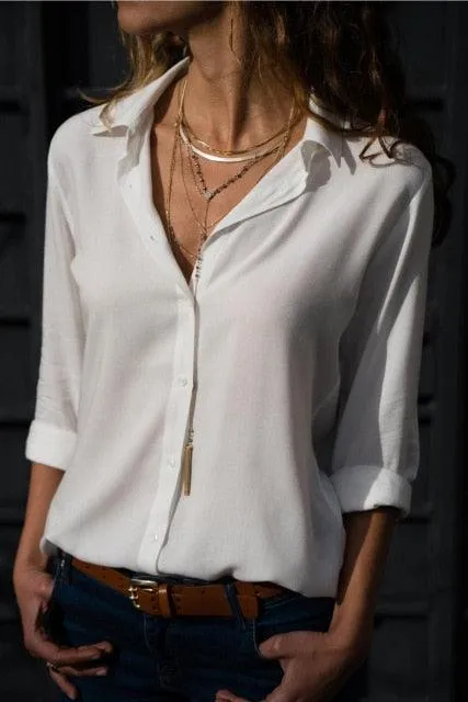 Elegant Long Sleeve Solid V-Neck Chiffon Blouse Work Shirts Office