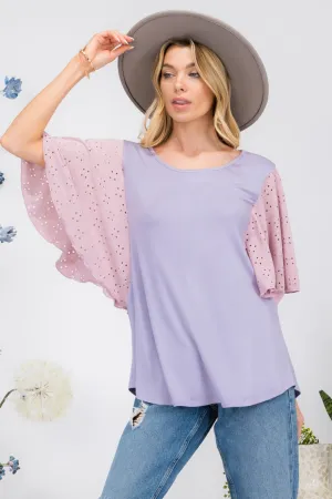 Full Size Contrast Eyelet Ruffle Sleeve Blouse