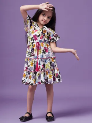 Girls Floral Printed V-Neck Wrap Tiered Dress