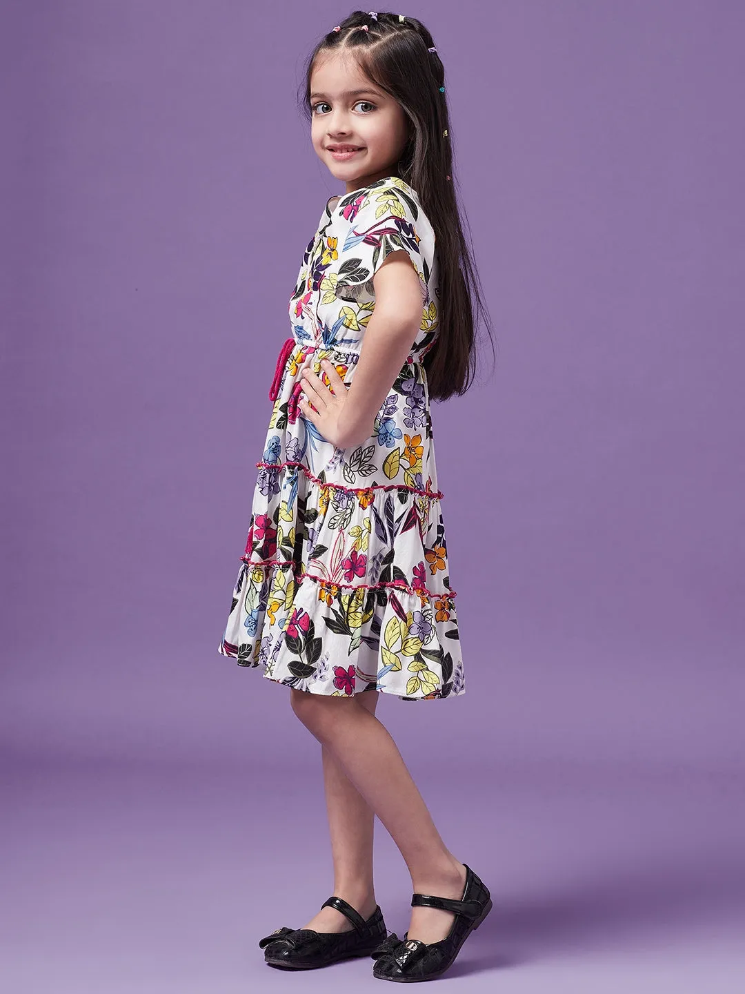 Girls Floral Printed V-Neck Wrap Tiered Dress