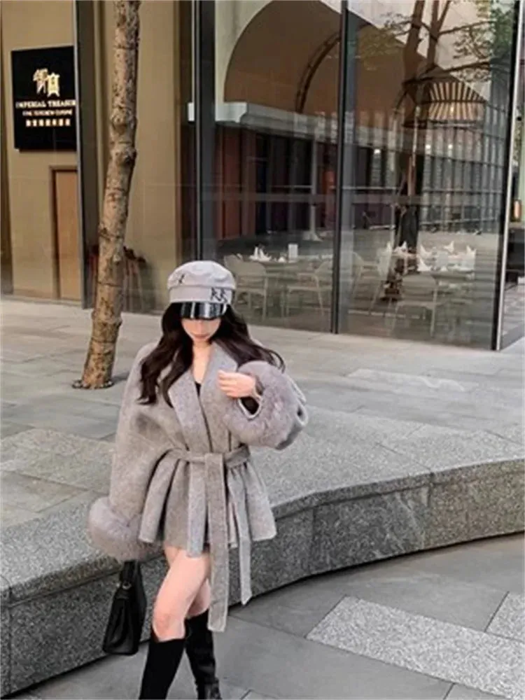 Grey Tie Waist Woolen Loose High-end Cape Medium Coats