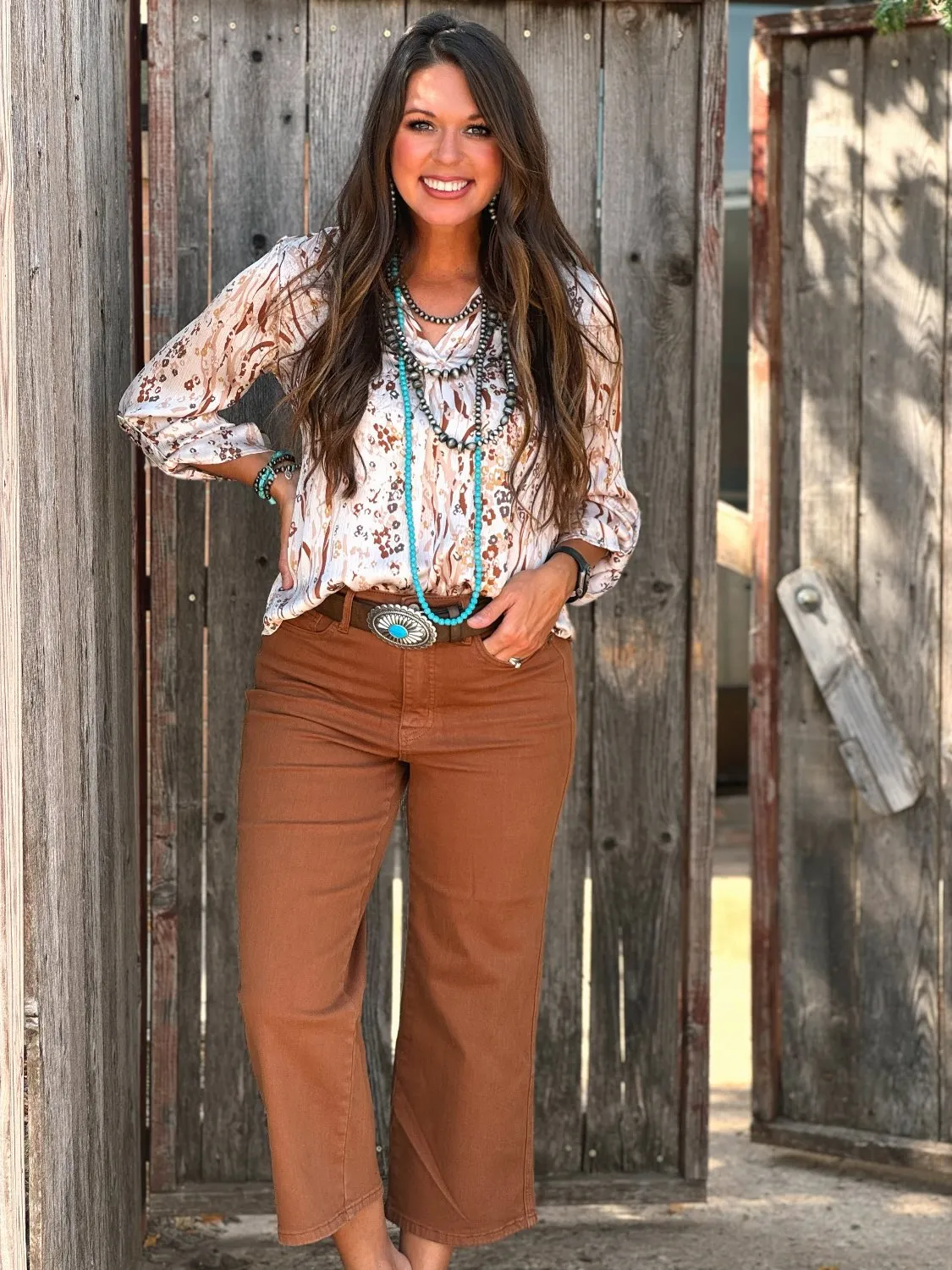 Hadlee Cream & Brown V-Neck Blouse