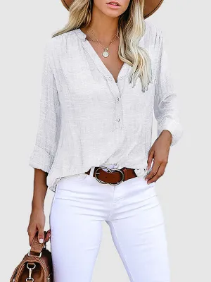 Long Sleeves Loose Buttoned Pockets Solid Color V-Neck Blouses&Shirts Tops