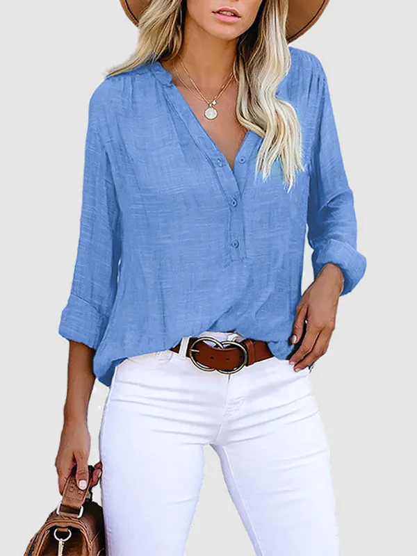 Long Sleeves Loose Buttoned Pockets Solid Color V-Neck Blouses&Shirts Tops