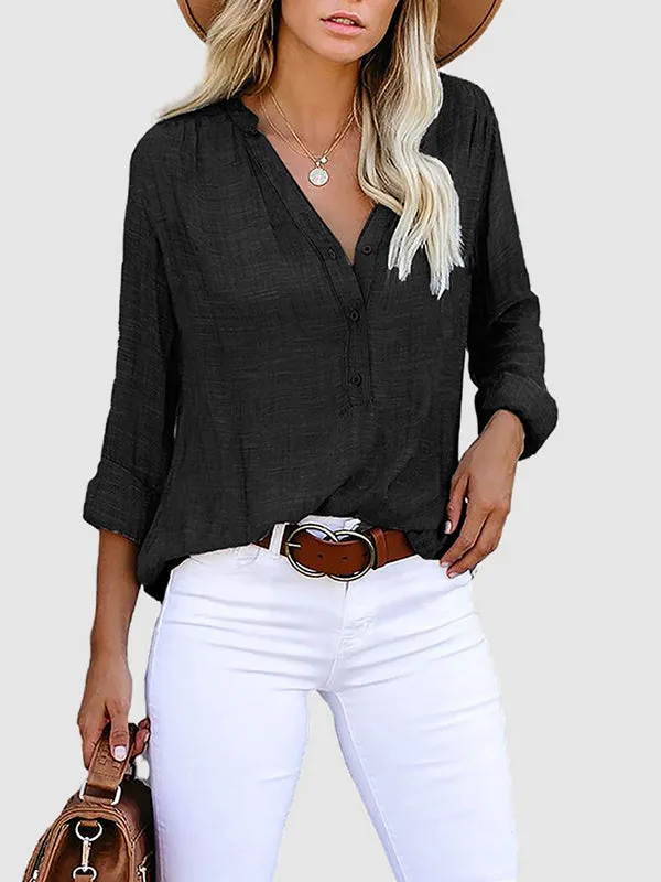 Long Sleeves Loose Buttoned Pockets Solid Color V-Neck Blouses&Shirts Tops