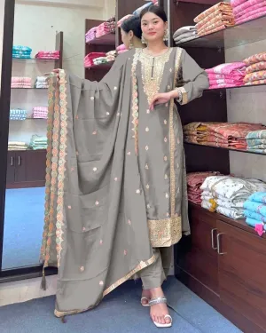 Lovely Grey Color Pure Chinon Silk Heavy Embroidery Work Salwar Suits For Women