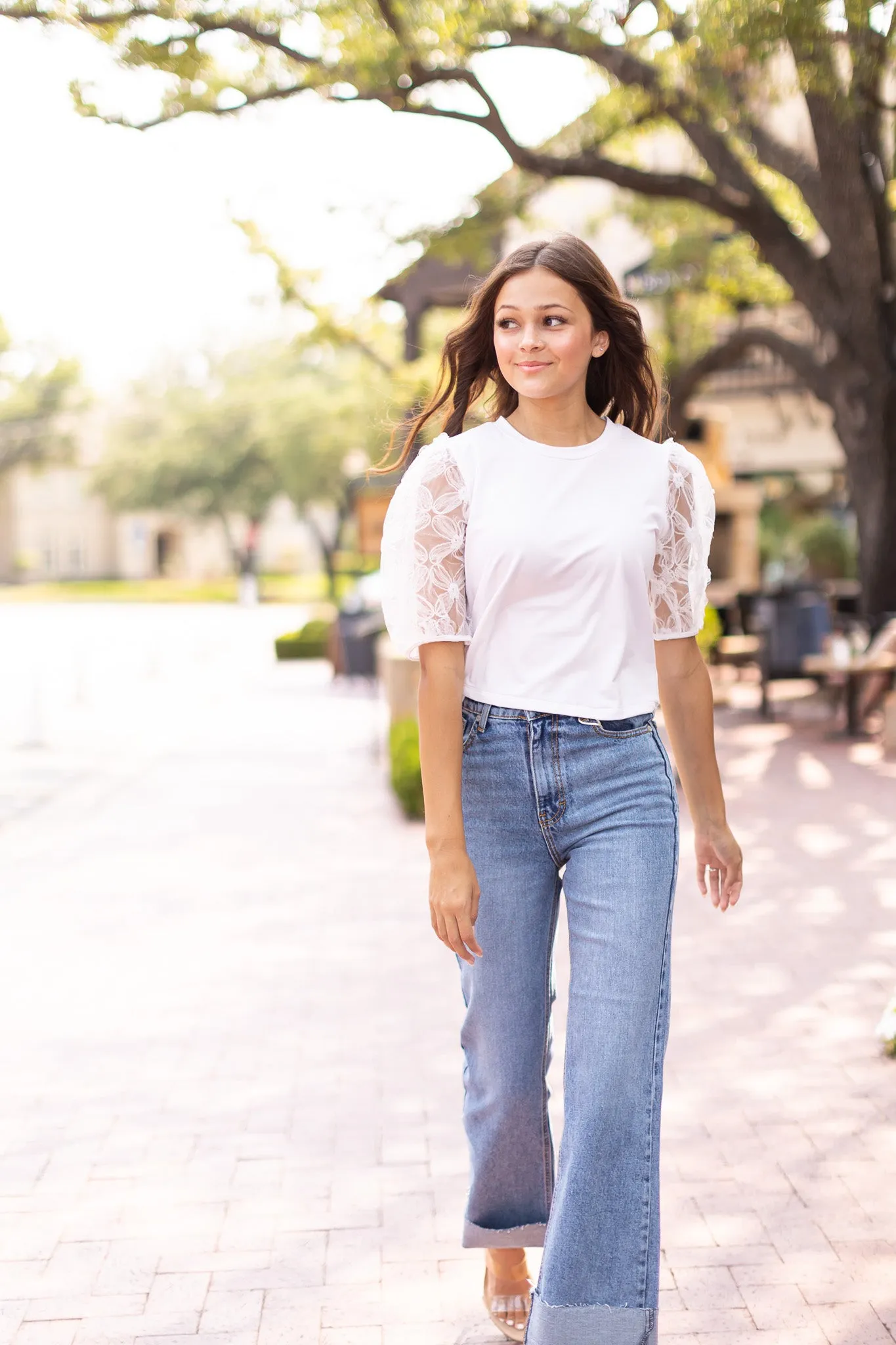 Midnight Blossom White Floral Puff Sleeve