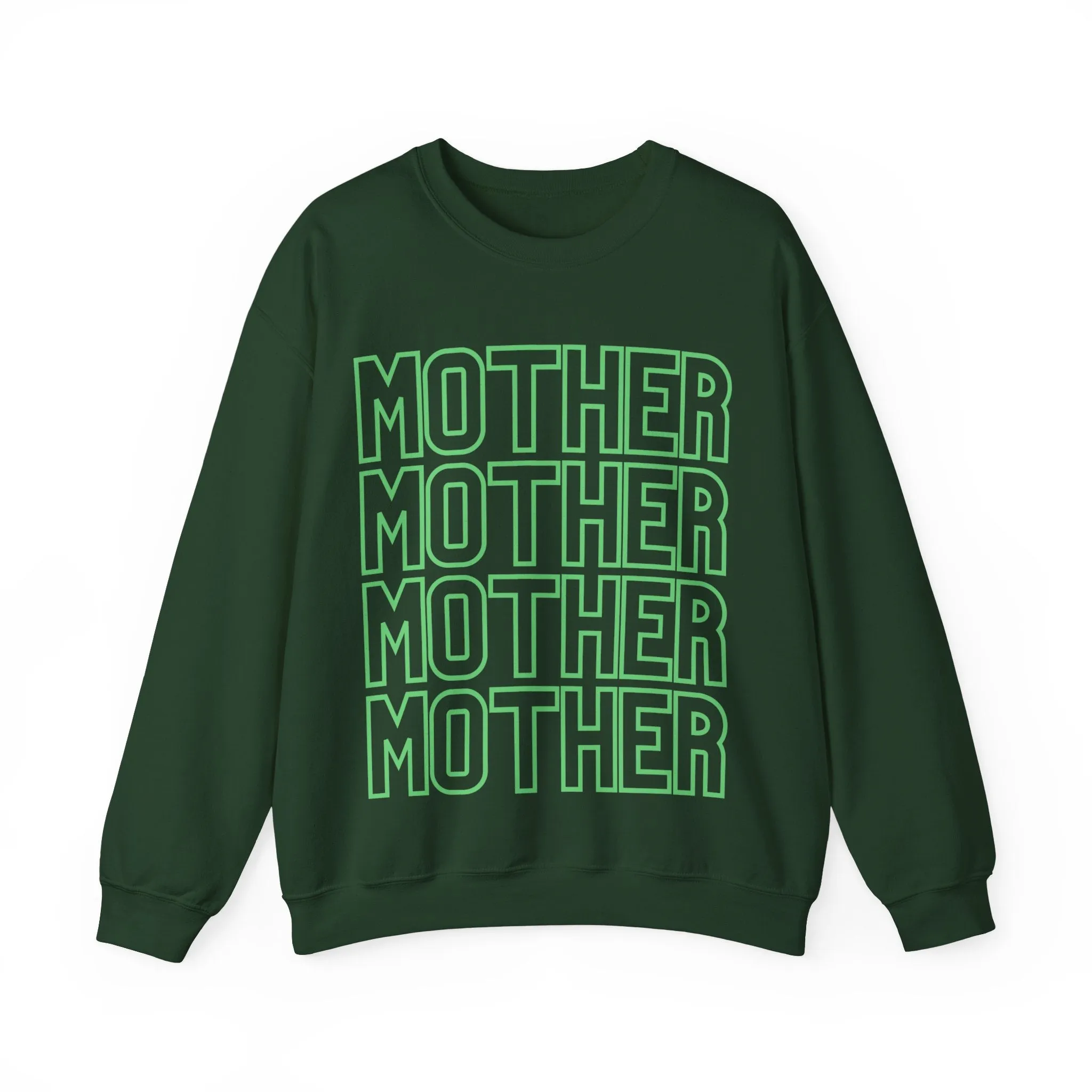 MOTHER on Repeat Oversized Pullover Crewneck Sweatshirt, Gifts for Mom, Baby Shower Gifts, Neon Green on Hunter Green, Mother's Day Gift