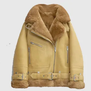 New 2022 Style Women Light Brown RAF Aviator Styled Sheepskin Shearling Leather Jacket