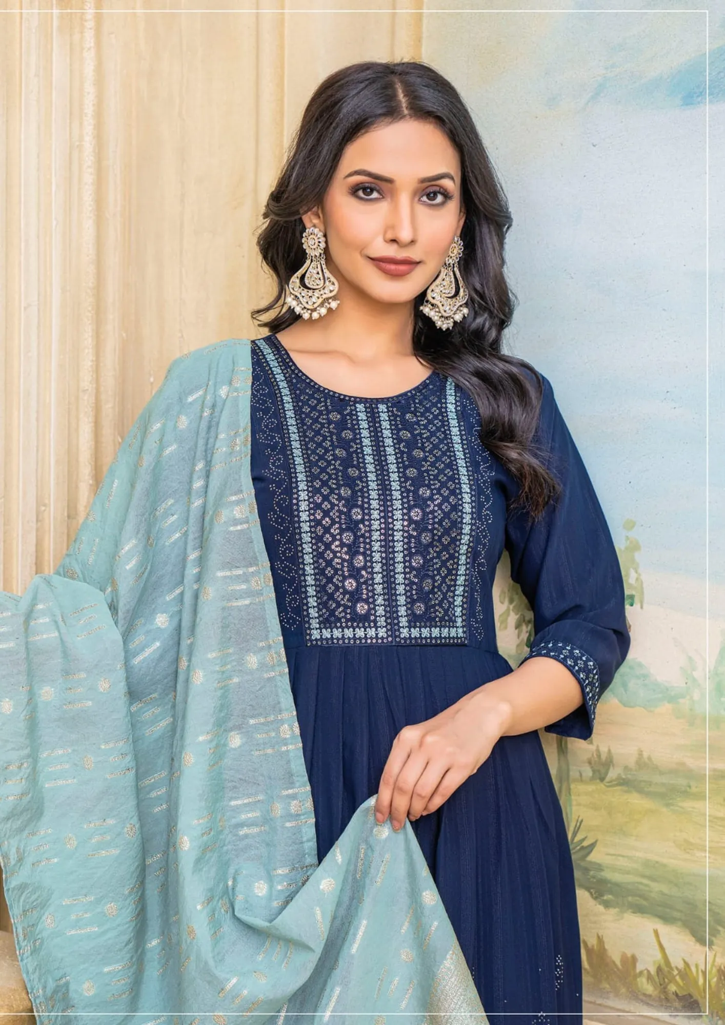 Pleasing Blue Colored Fancy Nylon Viscose Kurti With Lycra Pant & Fancy Dupatta