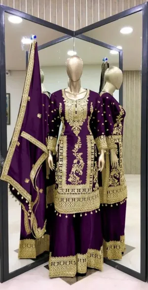 Pretty Purple Color Pure Chinon Silk Embroidery Work Palazzo Suits For Women