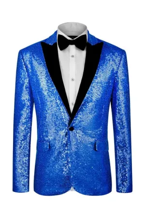 Shinny Sequins Blue Prom Suits for Men One Button Suit with Black Peaked Lapel