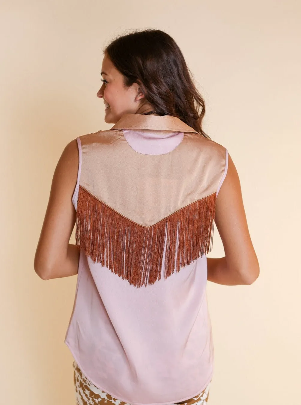 Sleeveless Satin Fringe Top, Pastel