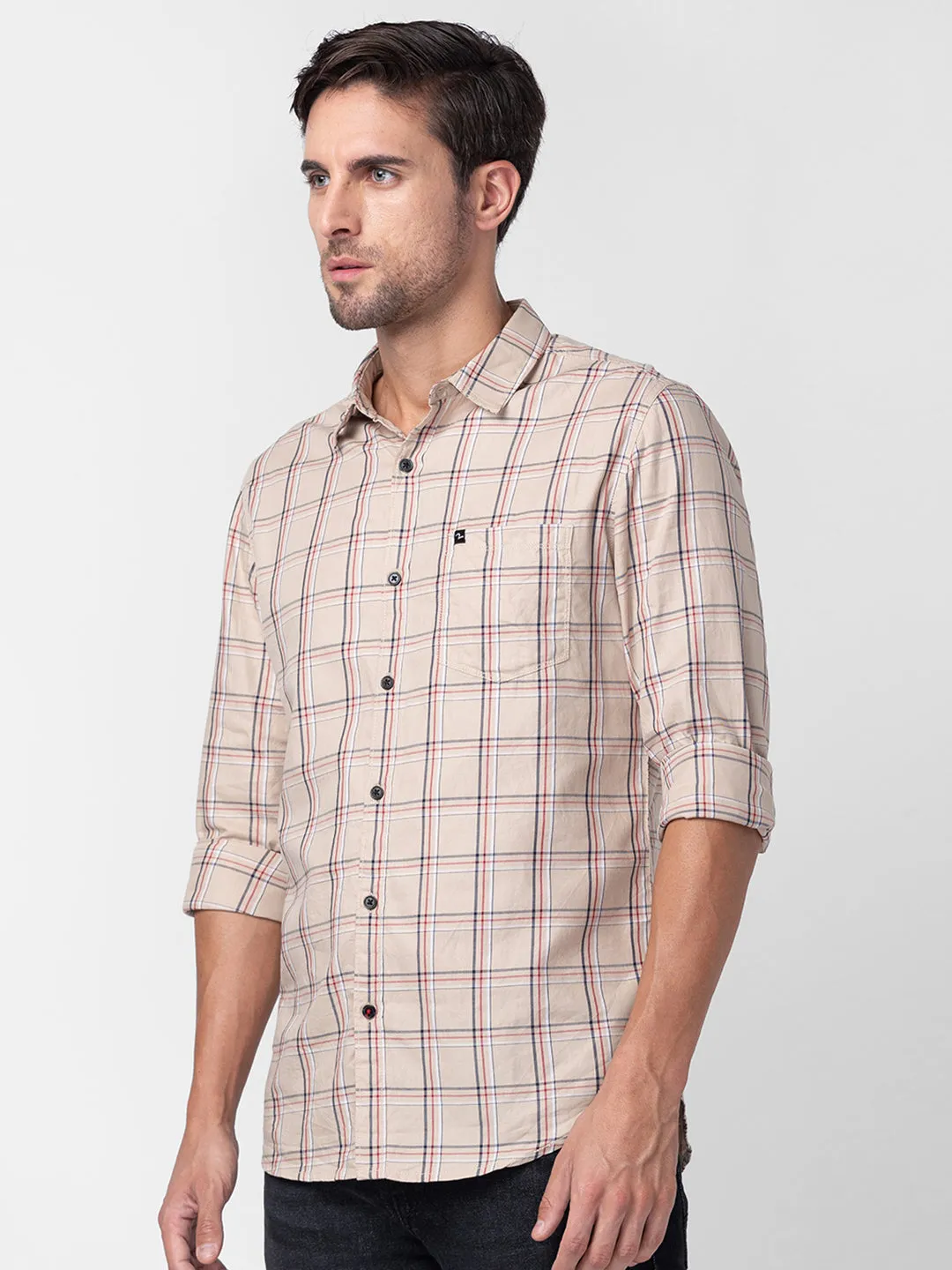 Spykar Men Beige Cotton Regular Fit Checkered Shirts