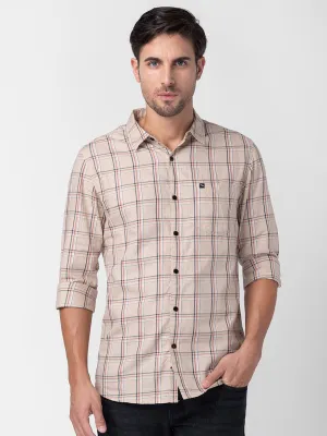 Spykar Men Beige Cotton Regular Fit Checkered Shirts