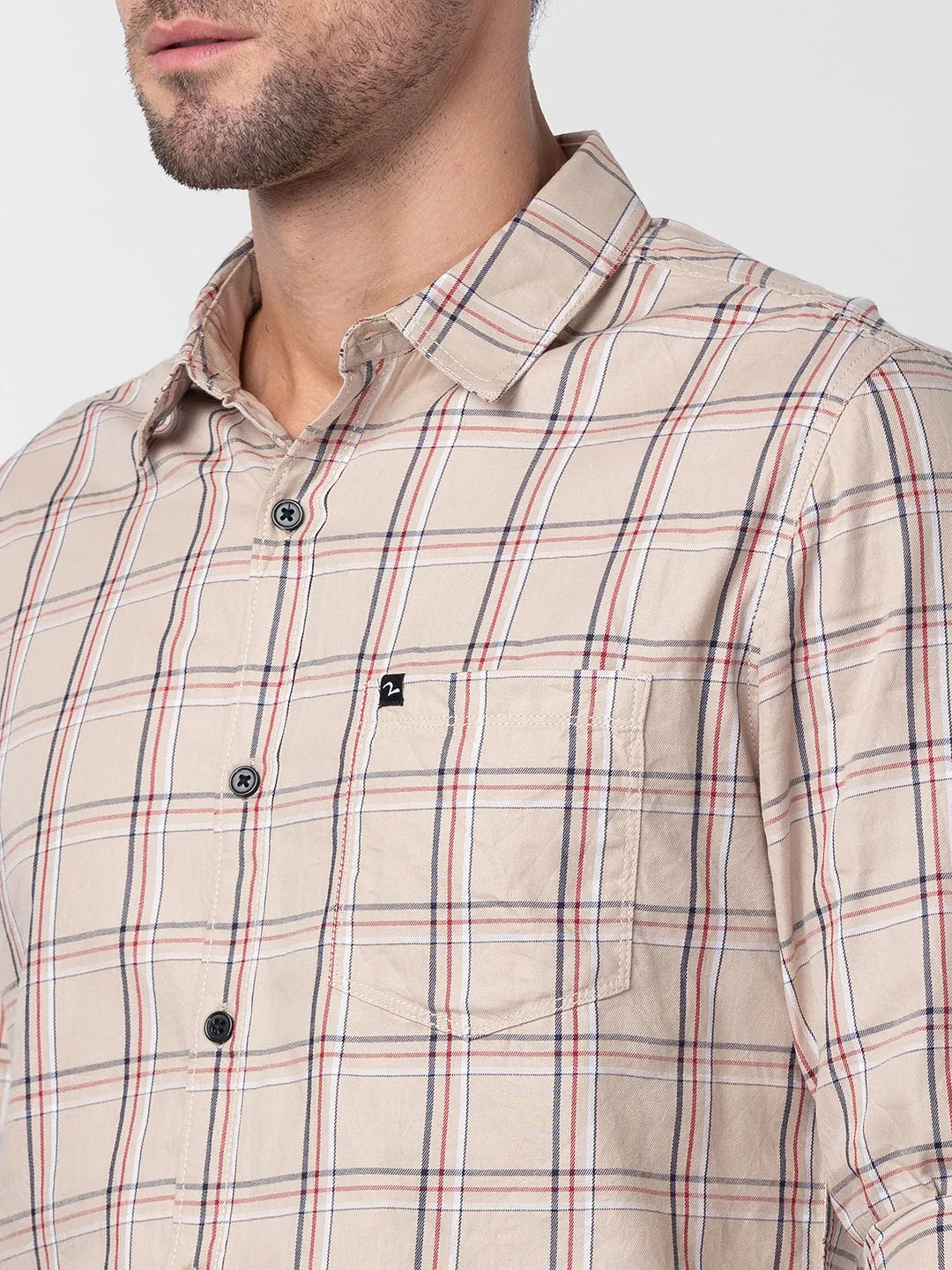 Spykar Men Beige Cotton Regular Fit Checkered Shirts