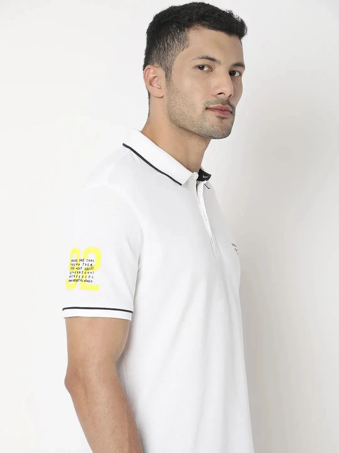 Spykar Men White Cotton Regular Fit Plain Polo Tshirt