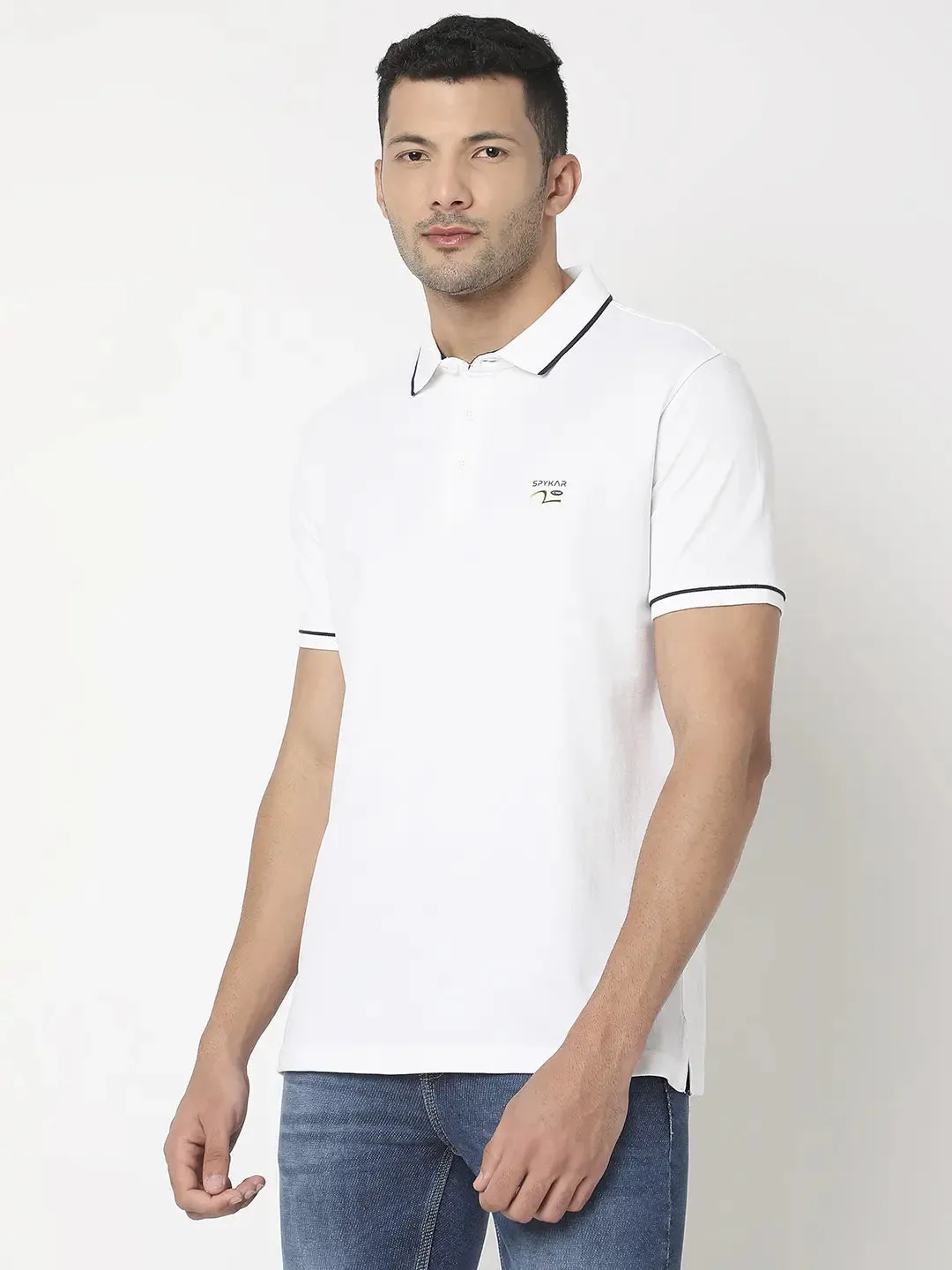 Spykar Men White Cotton Regular Fit Plain Polo Tshirt