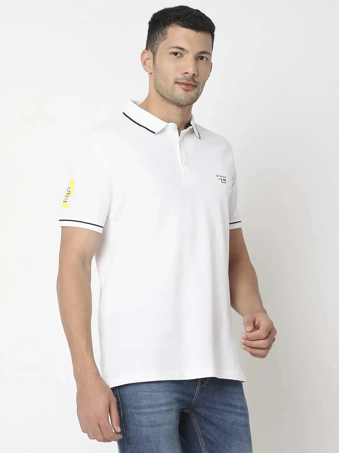 Spykar Men White Cotton Regular Fit Plain Polo Tshirt