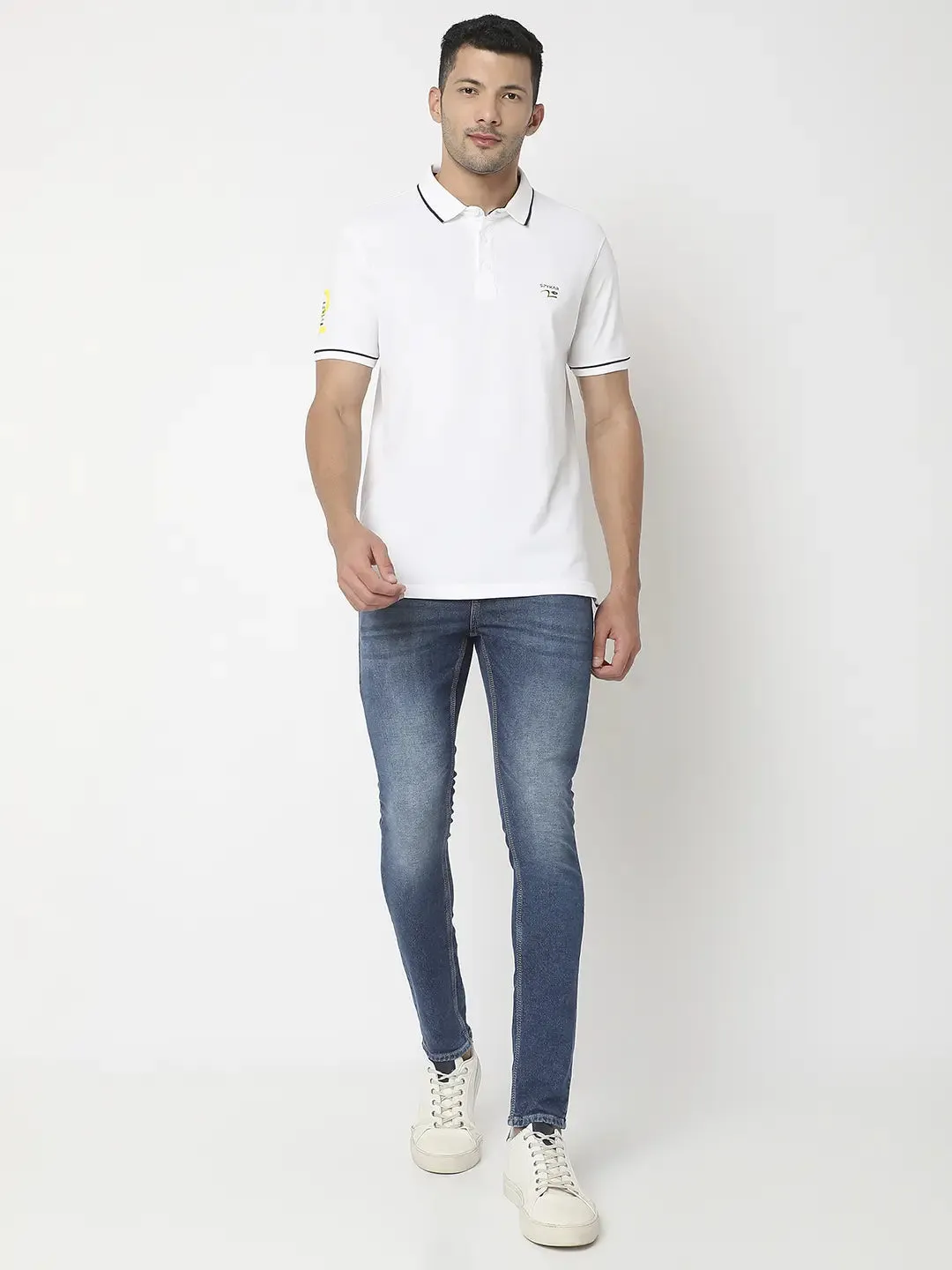 Spykar Men White Cotton Regular Fit Plain Polo Tshirt