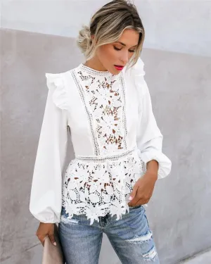 Trendy Boho Long Sleeve Floral Lace White Blouse