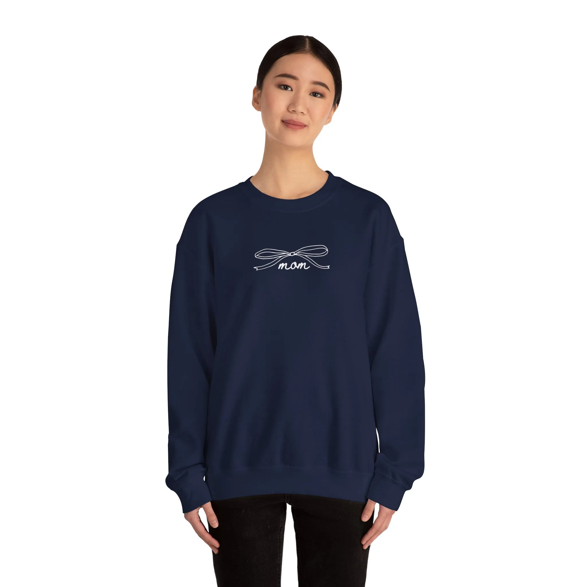 White on Navy Blue MOM bow Navy Crewneck Sweatshirt