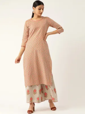 Women Beige & Pink Printed Kurta With Palazzos