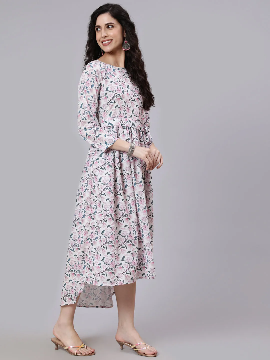 Women Off White Printed Flared Dress With Three Quarter Sleeves